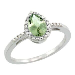 Sterling Silver Diamond Natural Green Amethyst Ring Pear 7x5mm, 3/8 inch wide